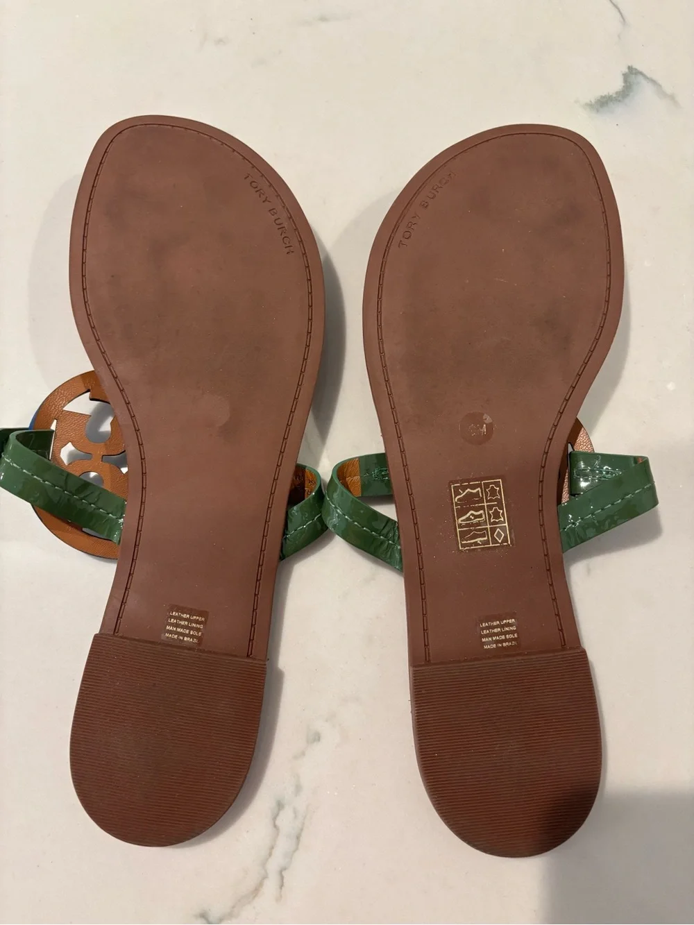 Tory Burch Brown Leather Sandals with Blue Logo, Green Straps & Red Accents